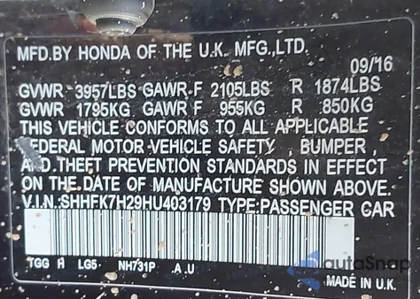 2017 Honda Civic Lx из США, поврежденный, VIN SHHFK7H29HU403179